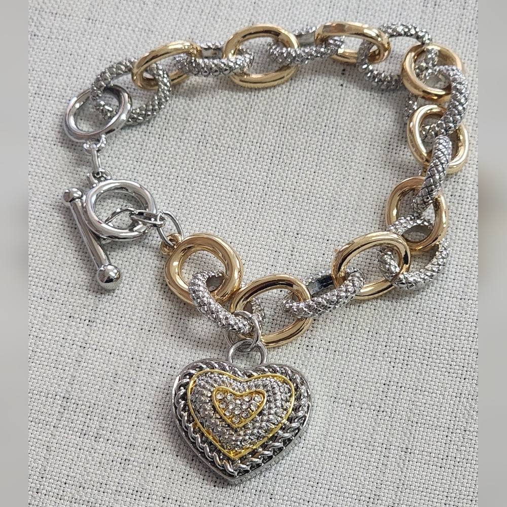 Silver and Gold Heart Charm Bracelet - Picture 7 of 8